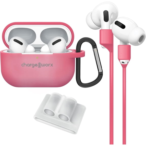 CHARGEWORX 4-Piece Accessory Kit for Apple AirPods with AirPod Case, Carabiner Clip, Coral
