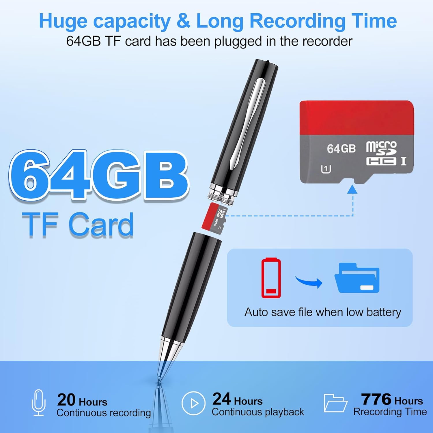 AI Digital Voice Recorder-64GB Voice Activated Recorder with Playback,AI-Intelligent Noise Reduction Mp3 Player, Voice Activated Sound Audio Tap Recorder Device for Meeting,Course,Lectures,Interviews