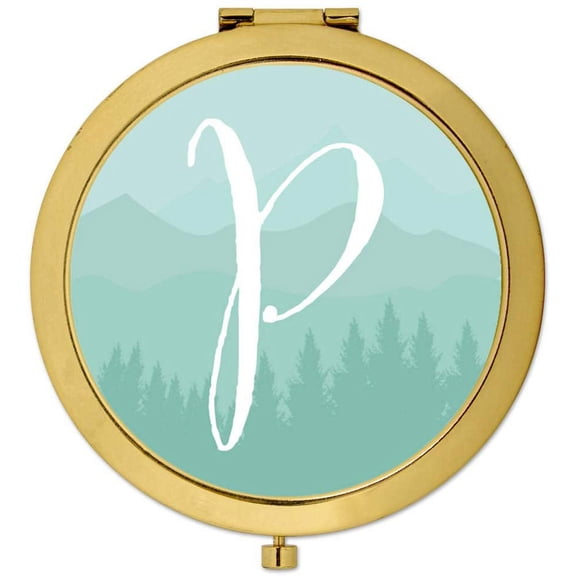 Koyal Wholesale Gold Compact Mirror Bridesmaid's Wedding Gift, Aqua Watercolor Rustic Trees, Monogram Letter P, 1-Pack