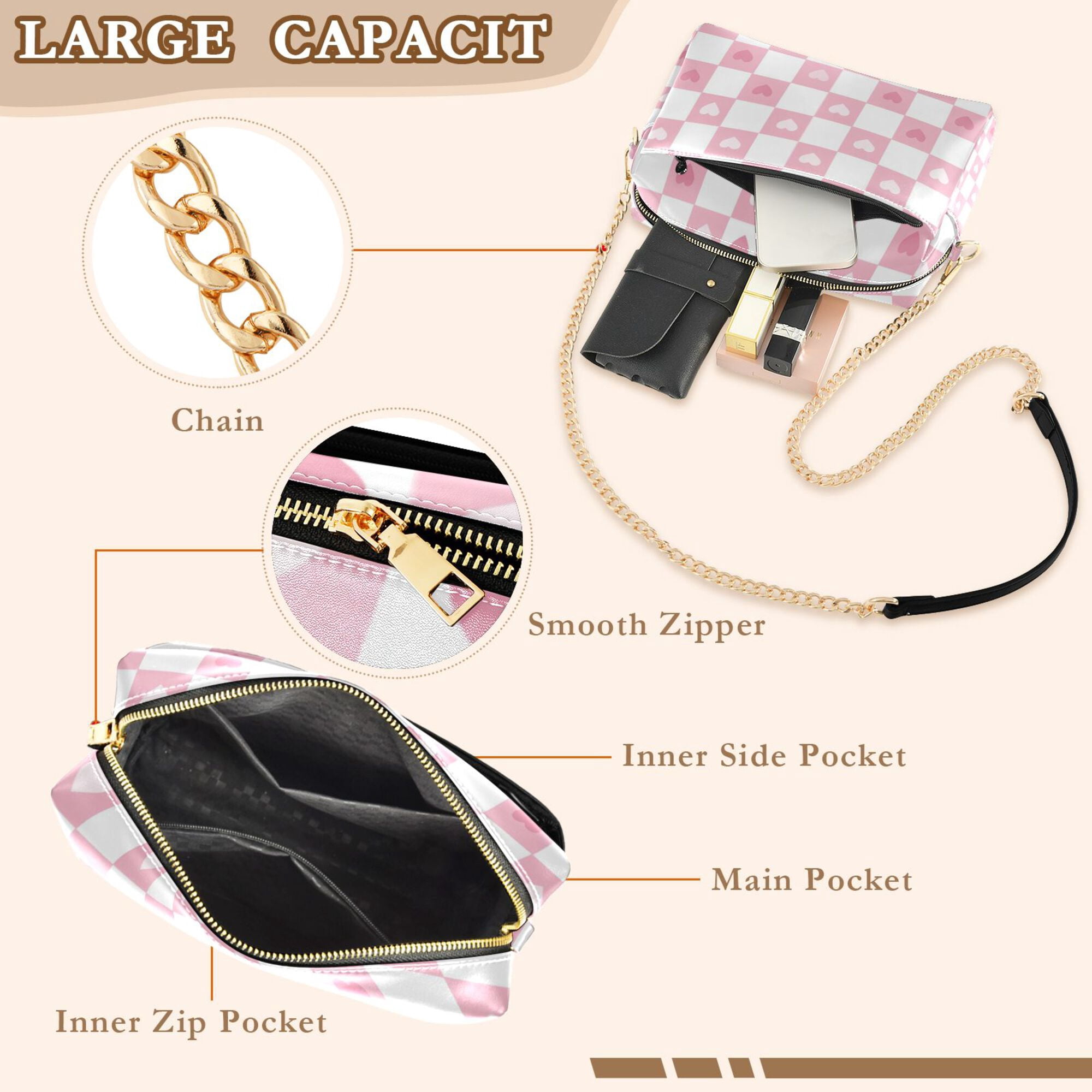 FORMRS Women Crossbody Purse with Chain Strap Vegan Leather Shoulder Handbag, Pink Checkered Heart