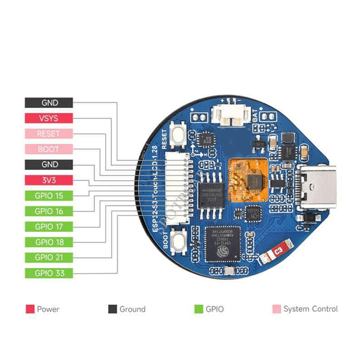 ESP32-S3 Development Board, 32-Bit LX7 Dual-Core Processor, 1.28inch Touch Roun IPS, Supports WiFi/Bluetooth