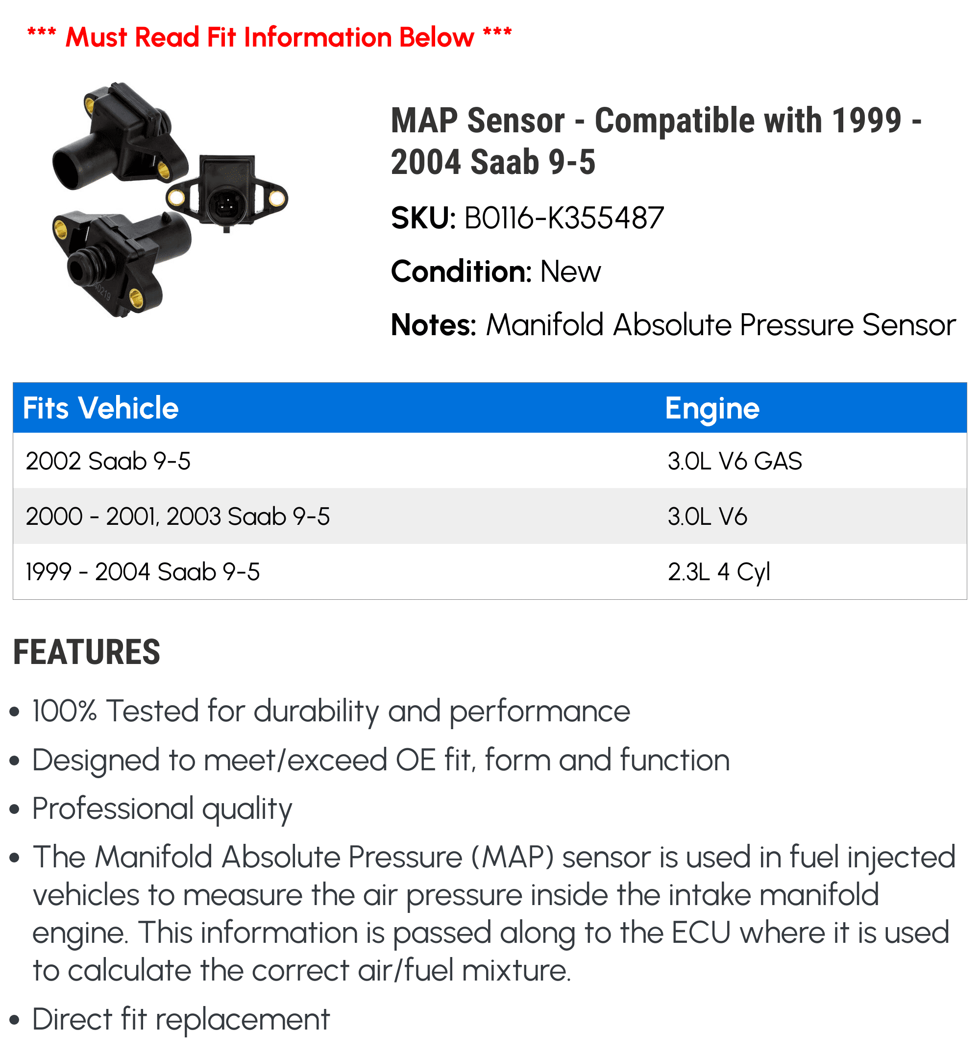 MAP Sensor - Compatible with 1999 - 2004 Saab 9-5 2000 2001 2002 2003