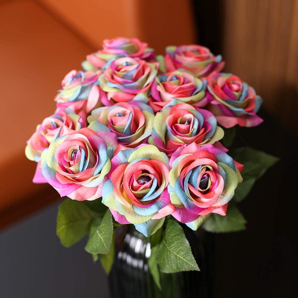 12 Pcs Artificial Silk Rainbow Rose Flower silk flower For DIY any Arrangement 