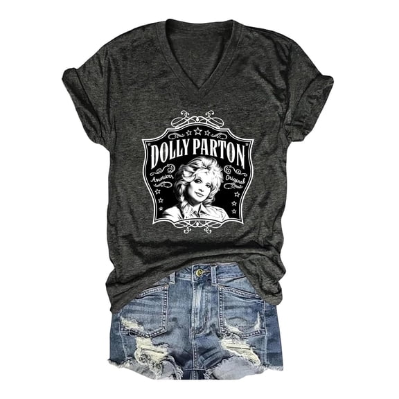 Womens Dolly T-Shirt Parton Memorial T Shirts Casual Short Sleeve V Neck Tops Retro Country Singer Graphic Tshirts