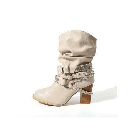 

Eloshman Womens Heeled Ankle Boots Pull On Chunky Block Heel Short Booties White 9