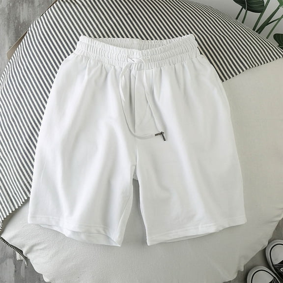 PiGOGI Men's Solid Color Casual Shorts with Elastic Waist, Lightweight Polyester Pants for Summer Outdoor Lounge White XL
