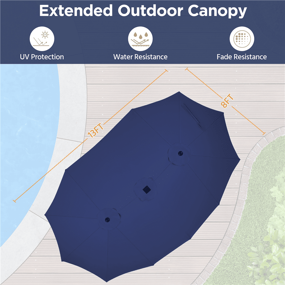 Renwick 13×8ft Large Patio Umbrella with Base & Solar Light Strips, Navy Blue