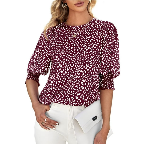 Crewneck Blouse Short Sleeved Printed Cuff Shirred Back Button Casual