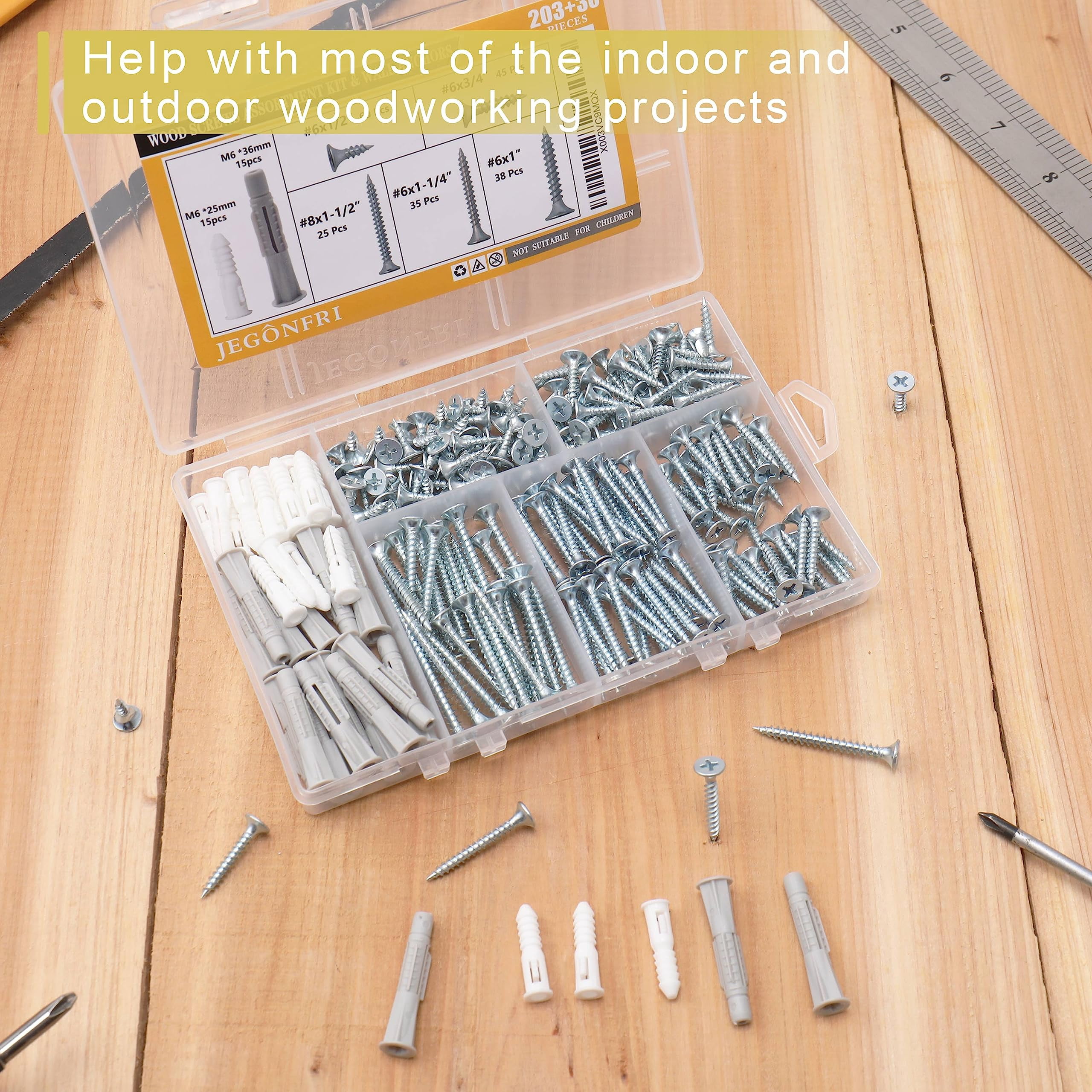 High Hardness Wood Screws Assortment Kit and Plastic Wall Anchors, 203 pcs 1/2" to 1-1/2" Phillips Drive Flat Head Screws & 30 pcs M6 Drywall Anchors