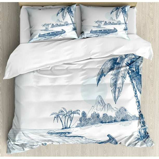 Vintage Boat King Size Duvet Cover Set Hand Drawn Beach With A Ship On S Palm - King Size Palm Tree Duvet Cover