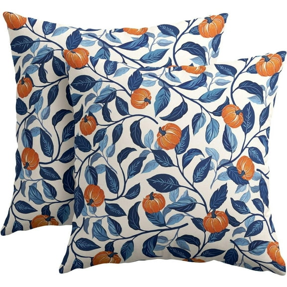 Fall Pillow Covers 18x18 Inch Blue and Orange Pumpkin Leaf Autumn Harvest Outdoor Decorative Throw Pillows Set of 2 Thanksgiving Holiday Pillowcases for Couch Home Decor
