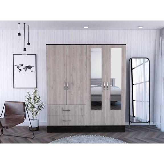Light Oak and Black Four Door Wardrobe Closet with Mirrors