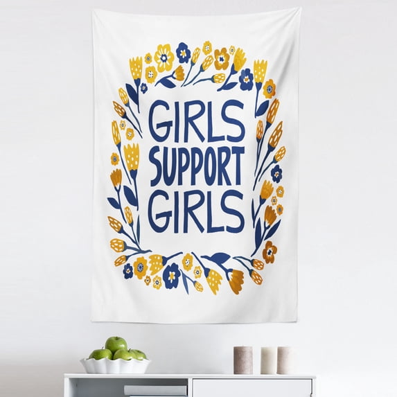 Feminism Tapestry, Girls Support Girls Hand Drawn Lettering Tulip Blossoms Spring Inspiration, Fabric Wall Hanging Decor for Bedroom Living Room Dorm, 5 Sizes, Apricot and Indigo, by Ambesonne