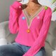 thumbnail image 4 of Suéter de cuello en V para mujer, suéter suelto de invierno liso, suéter de manga larga con cuello redondo, tops de poliéster para mujer, 4 of 6