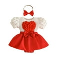 thumbnail image 2 of hengsof Infant Girls Dress Set with Headband 0-18 Months Solid Color Heart Bow Detail Bubble Sleeve Snap Crotch Dress Baby Shower Gift Outfit, 2 of 8