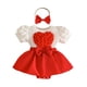 thumbnail image 1 of Vestido infantil de manga corta con cuello redondo y falda con lazo de color liso, cuello redondo y mangas, incluye pelo en la entrepierna, de poliéster., 1 of 8