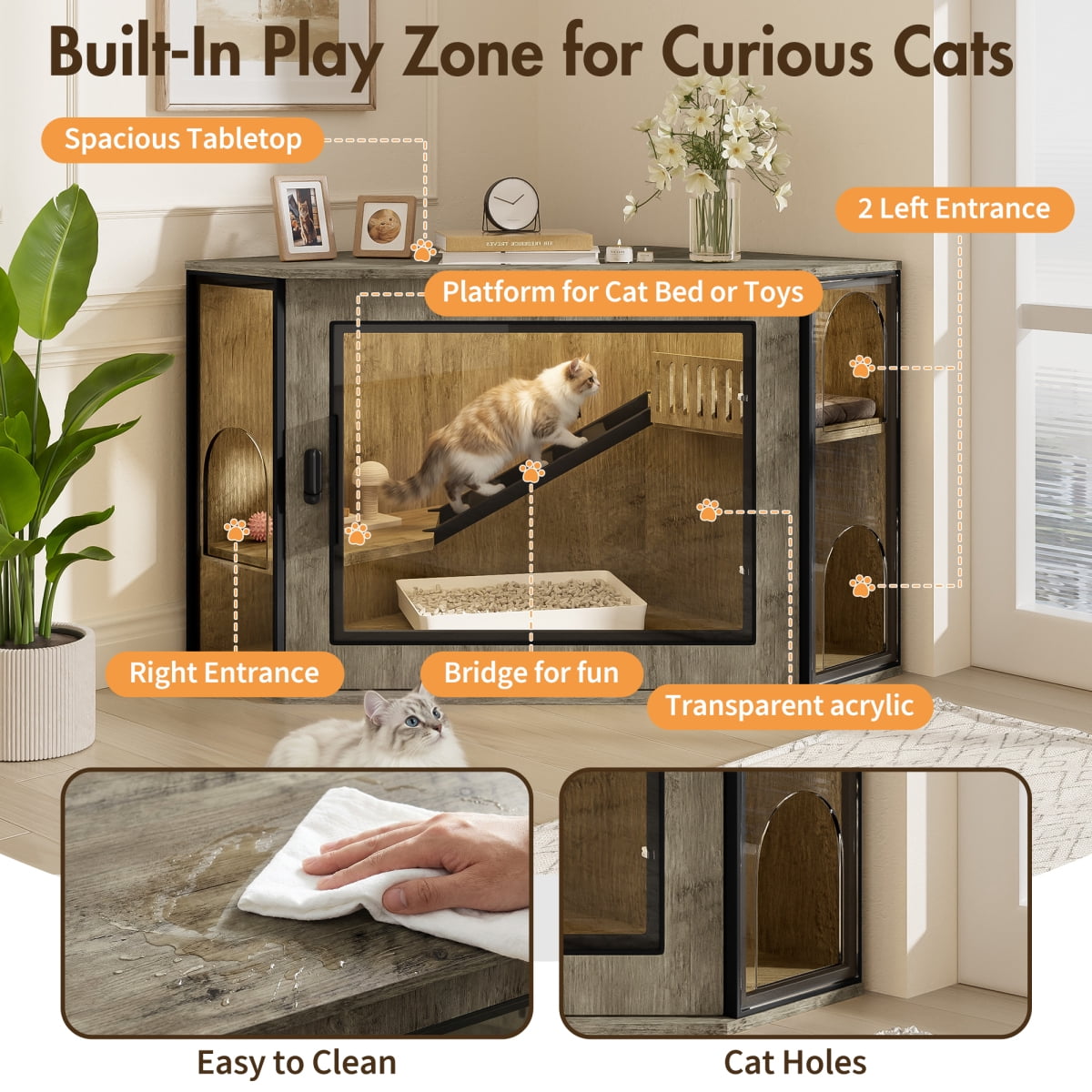 LuckyNote 48" Corner Cat Litter Box Enclosure, Modern Hidden Litter Cabinet with Acrylic Door & LED Light, Cat House with Playground Stairs