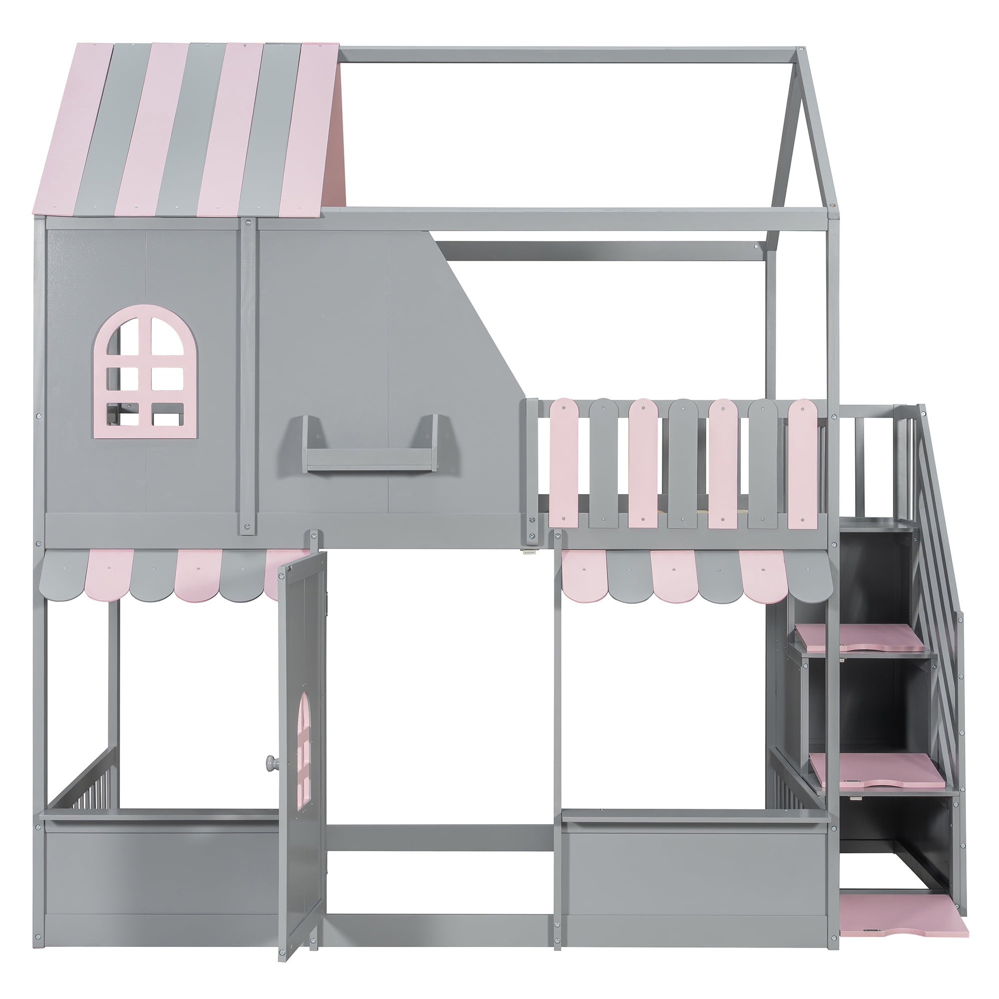 Leumius Full Over Full House Bunk Bed with Storage Staircase & Shelves, Wooden Kids Bunk Bed Frame with Playhouse Design, Roof & Door, Storage Steps and Open Shelving for Boys Girls Gray+Pink
