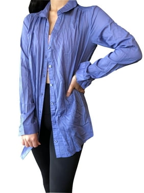 Mogul Women Solid Shirt, Formal Blue Button Front Blouse Bohemian Summer Cotton Tops L