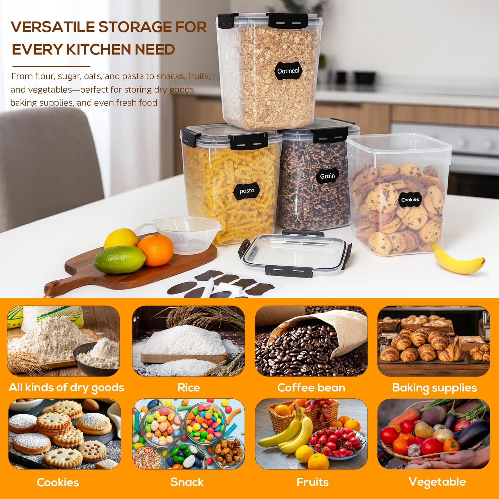 Plastic Food Storage Containers 4-pack 5.3L Airtight Pantry Organization for Dry Goods