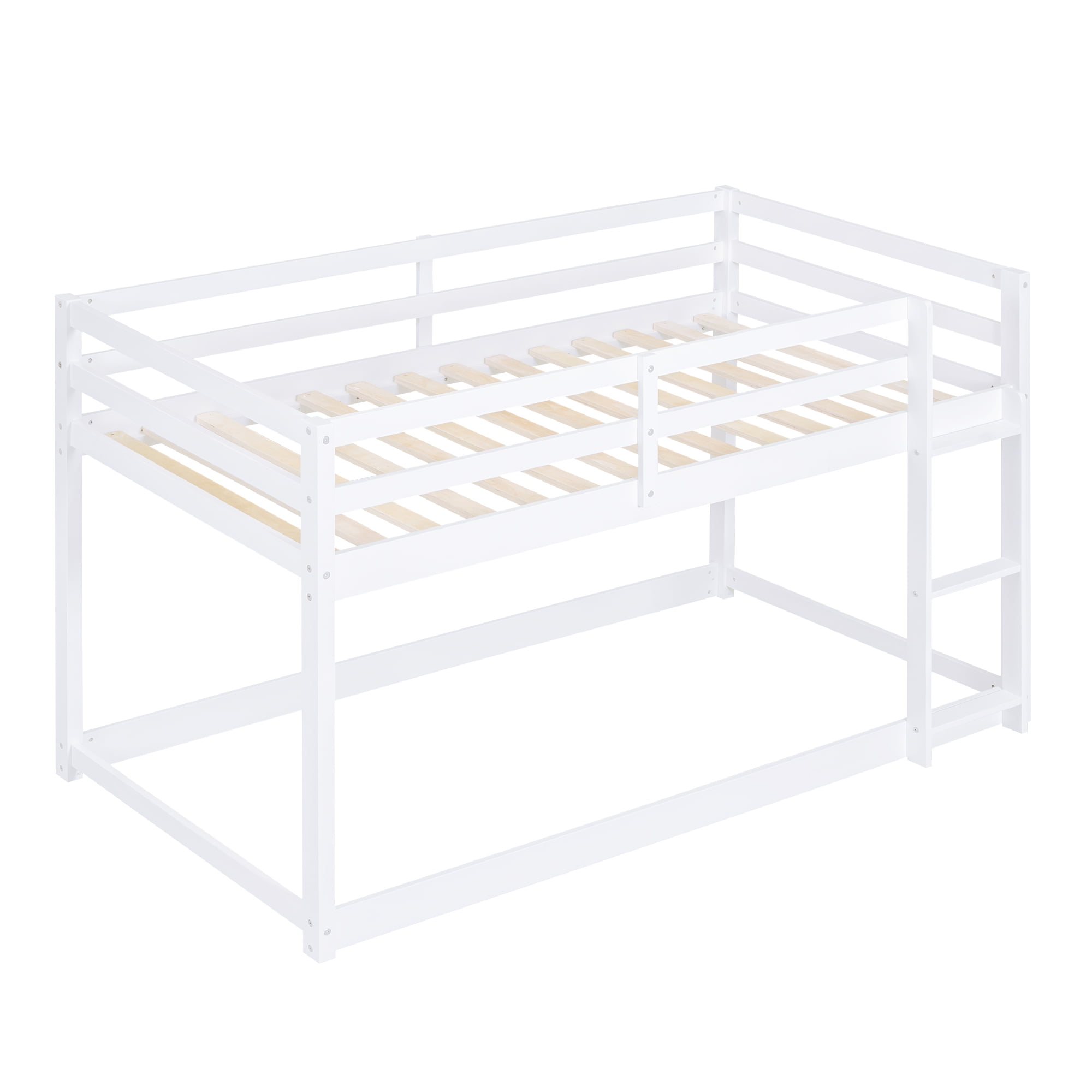 Euroco Twin over Twin Floor Bunk Beds with Ladder and Guardrail for Kids Teens, White
