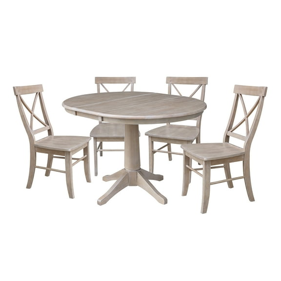 International Concepts 5-Piece Solid Wood Dining Set with 36" Round Extension Table and Four Cross Back Chairs, Washed Gary Taupe
