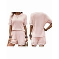 thumbnail image 3 of Womens Fringe Trim Textured Short Two Piece Set Waffle Tops and Short Sets Pink L, 3 of 6