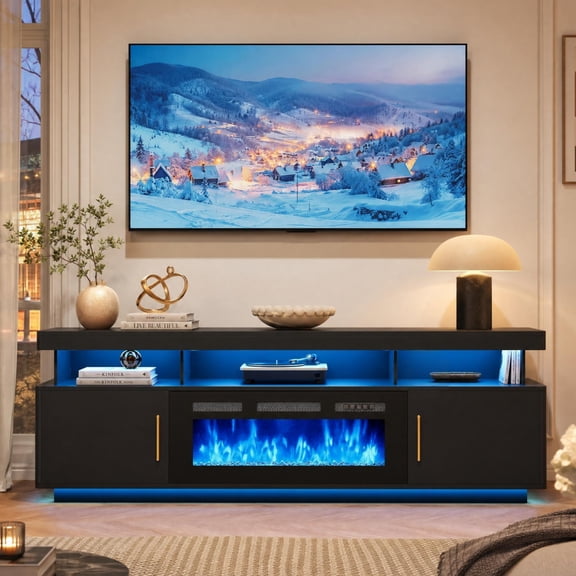 Seetech 70" Fireplace TV Stand with 36'' Fireplace for TVs Up to 80", Entertainment Center with LED Lights and Storage Cabinet, Black