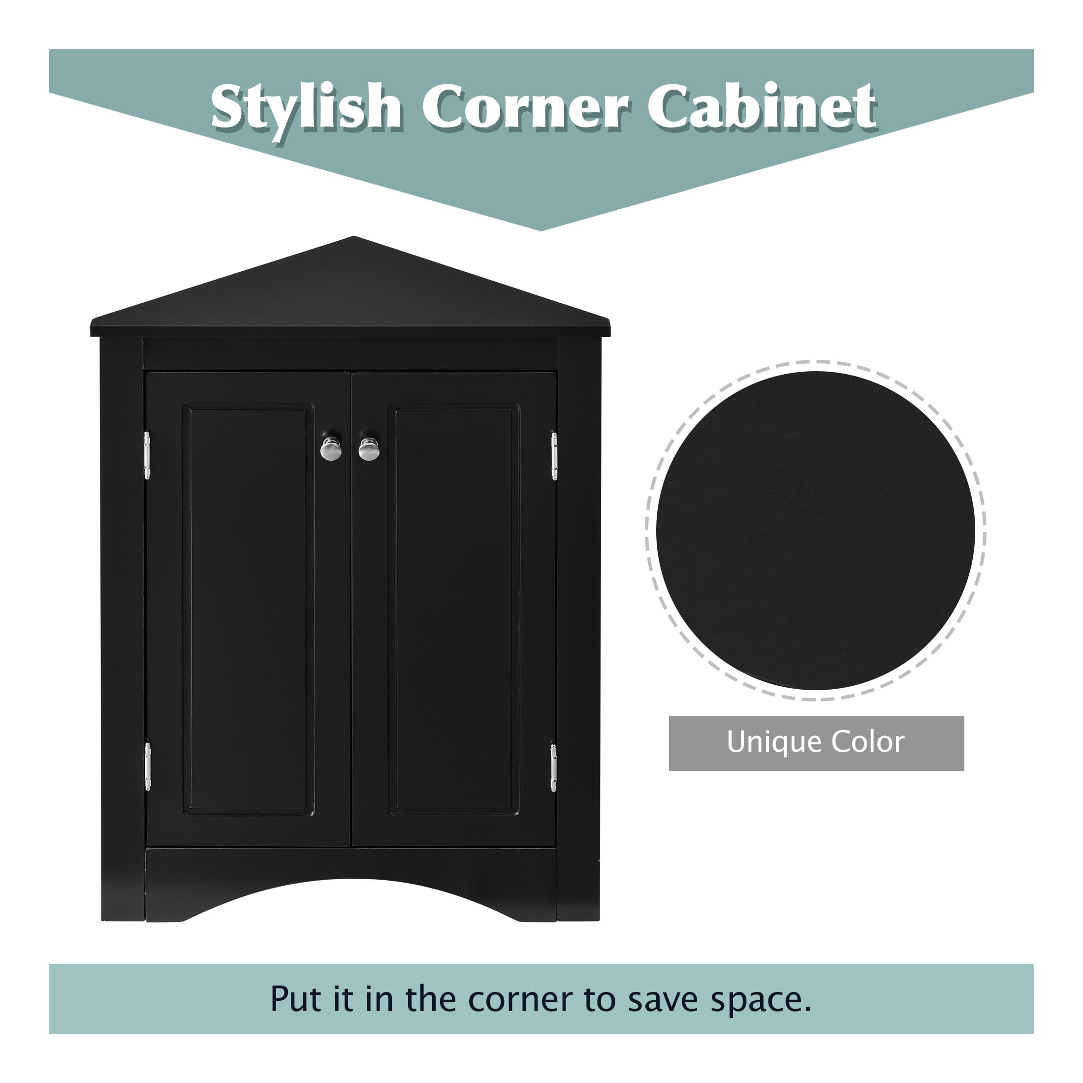 GDF Studio 17.2" Triangle Bathroom Storage Cabinet, Freestanding Corner Floor Cabinet, Adjustable Shelf, Black