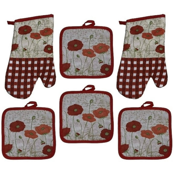 Blooming Flower Printed Design 6 Pcs Non-Slip, Heat Resistant Kitchen Towel Set, Includes 4 Potholder, 2 Oven Mitt.