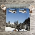 thumbnail image 3 of Ambesonne Winter Quilted Bedspread Set 3 Pcs, Log Cabins in Mountains, King Size, Blue Brown White, 3 of 3