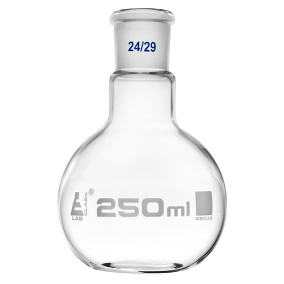 Boiling Flask with Joint, 250ml - Socket Size 24/29 - Flat Bottom, Interchangeable Joint - Borosilicate Glass - Eisco Labs