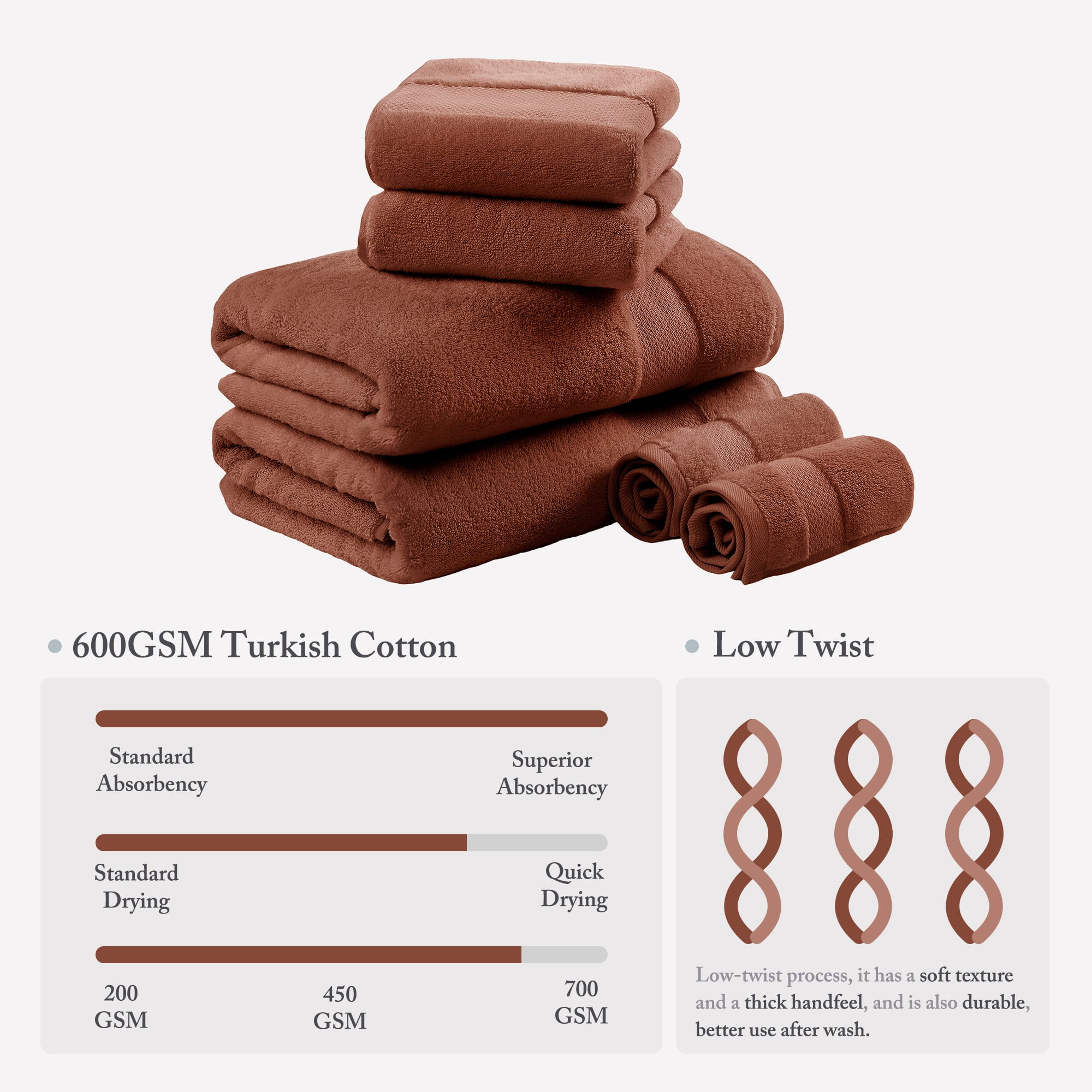 6-Piece Cotton Bath Towel Set,Terracotta
