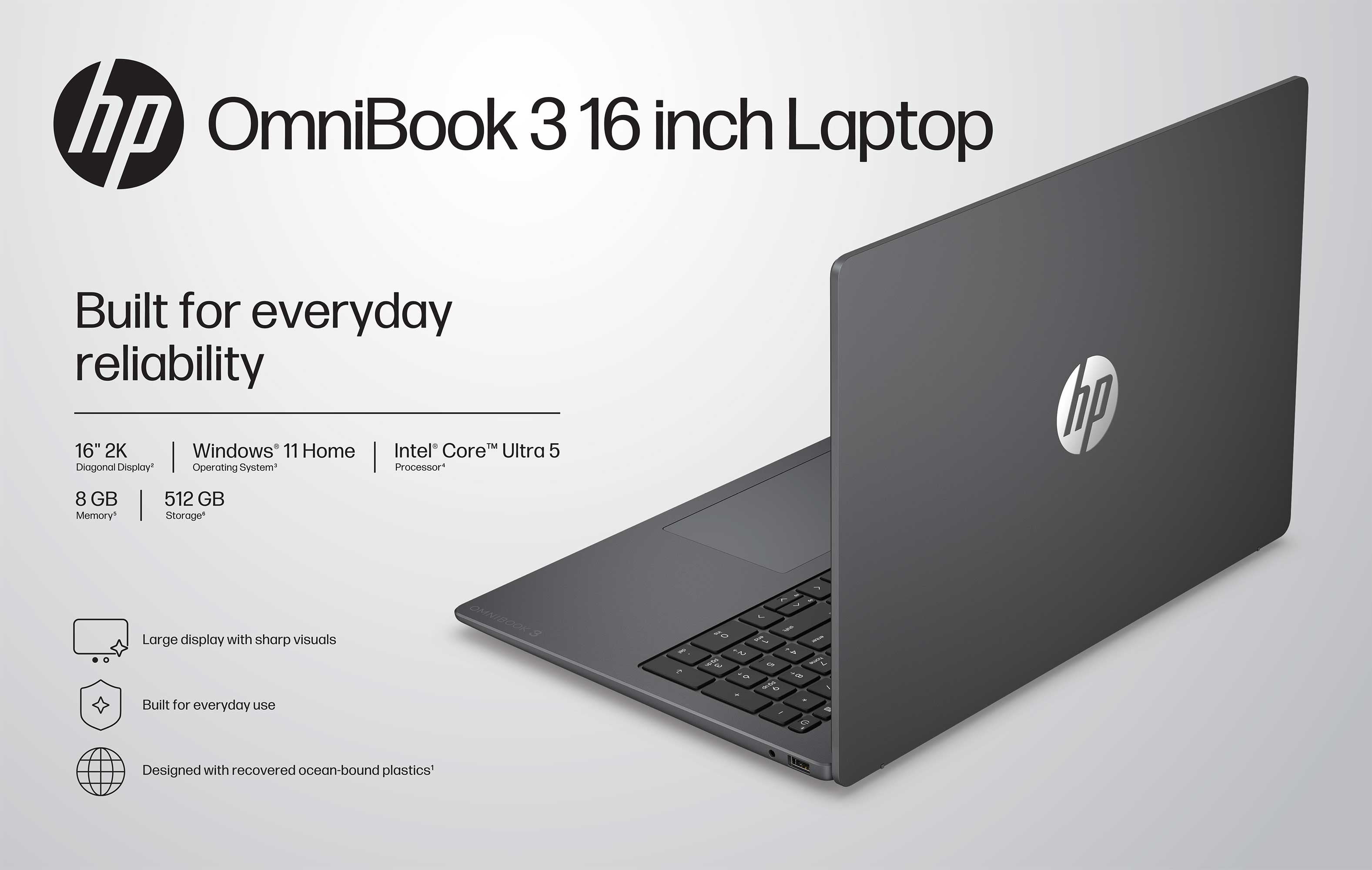 HP OmniBook 3 16 inch 2K IPS Windows Laptop AI PC Intel Core Ultra 5 8GB/512GB/SSD Mica Silver