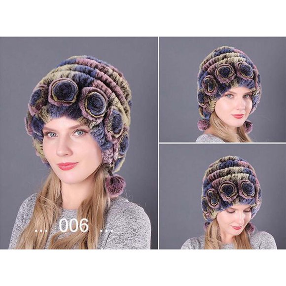 Womens Winter Hats with Ear Flaps Winter Womens Colorful Warm Caps Warm Flowers Striped Real Rabbit Velvet Hats Fashion Hat Winter Hats for Women with Ear Flaps
