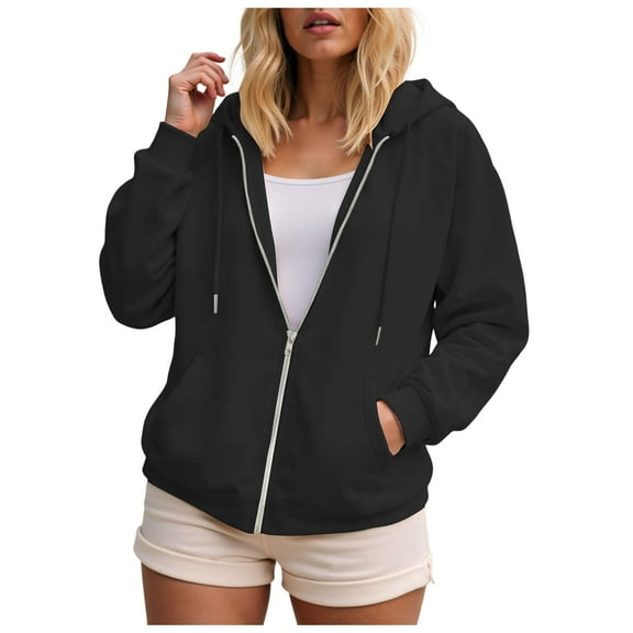 enyan Women Hoodies Women's Oversized Lightweight Hoodies for Women Full Zip Up Long Sleeve Drawstring Jackets Black,XL