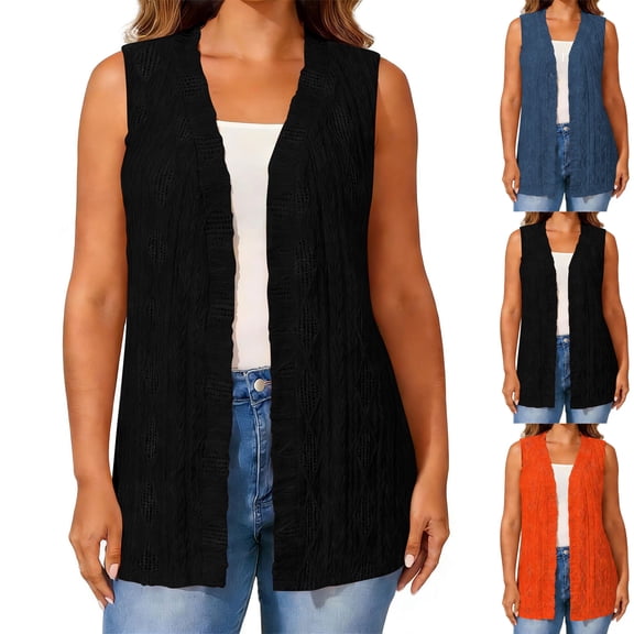 Womens Plus Size Open Knit Vest, Sleeveless Textured Crochet Cardigan with V-Neck for Breathable Layering
