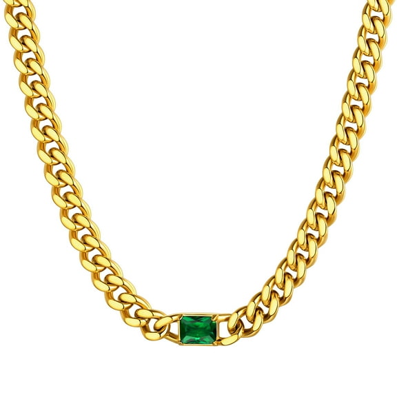 ChainsHouse 14K Gold Plated Cuban Link Chain Necklace for Women Green Created Diamond Pendant Necklace Stainless Steel Chain Choker Jewelry Birthday Christmas Anniversary Gift
