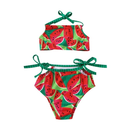 

Bebiullo 2PCS Infant Baby Girls Casual Swimsuit Watermelon Printed Sleeveless Halter Crop Tops+High Waist Printed Panties Summer Swimwear Red 12-18 Months