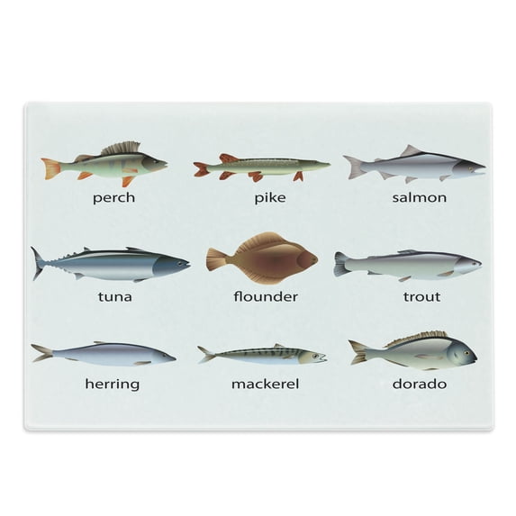 Fish Cutting Board, Group of Animals Perch Tuna Pike Flounder Mackerel Trout Aquatic Life Art Print, Decorative Tempered Glass Cutting and Serving Board, Large Size, Multicolor, by Ambesonne