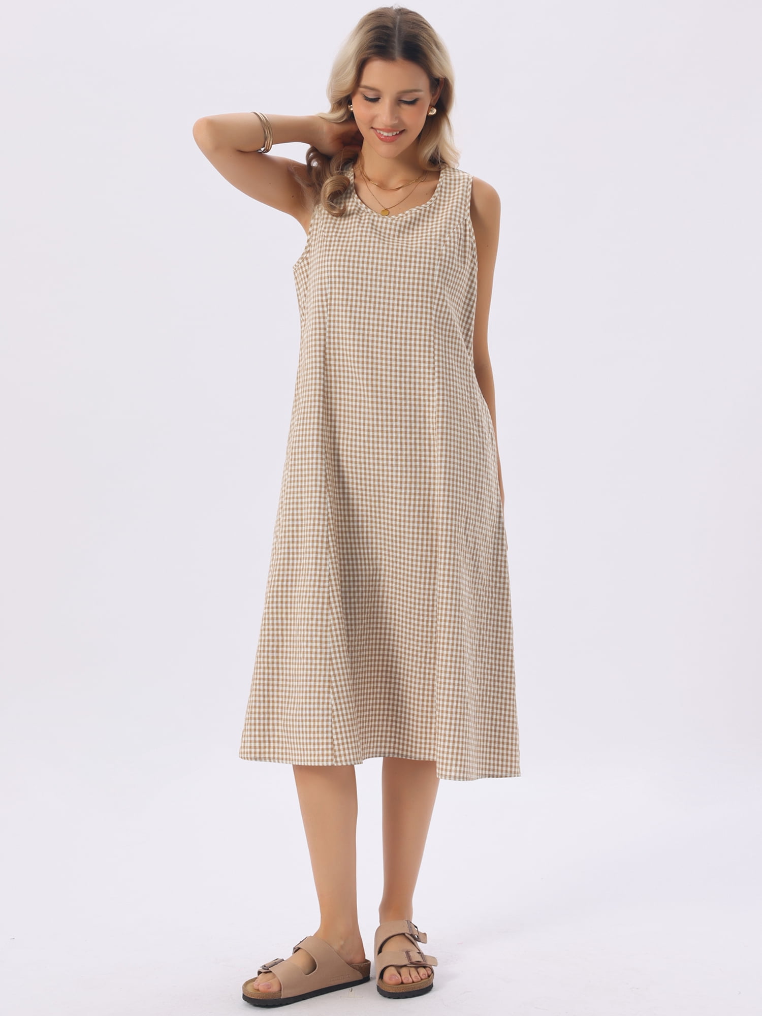 DARING DIVA Plaid Sleeveless Loose Fit Tank Midi Dress X-Large Brown