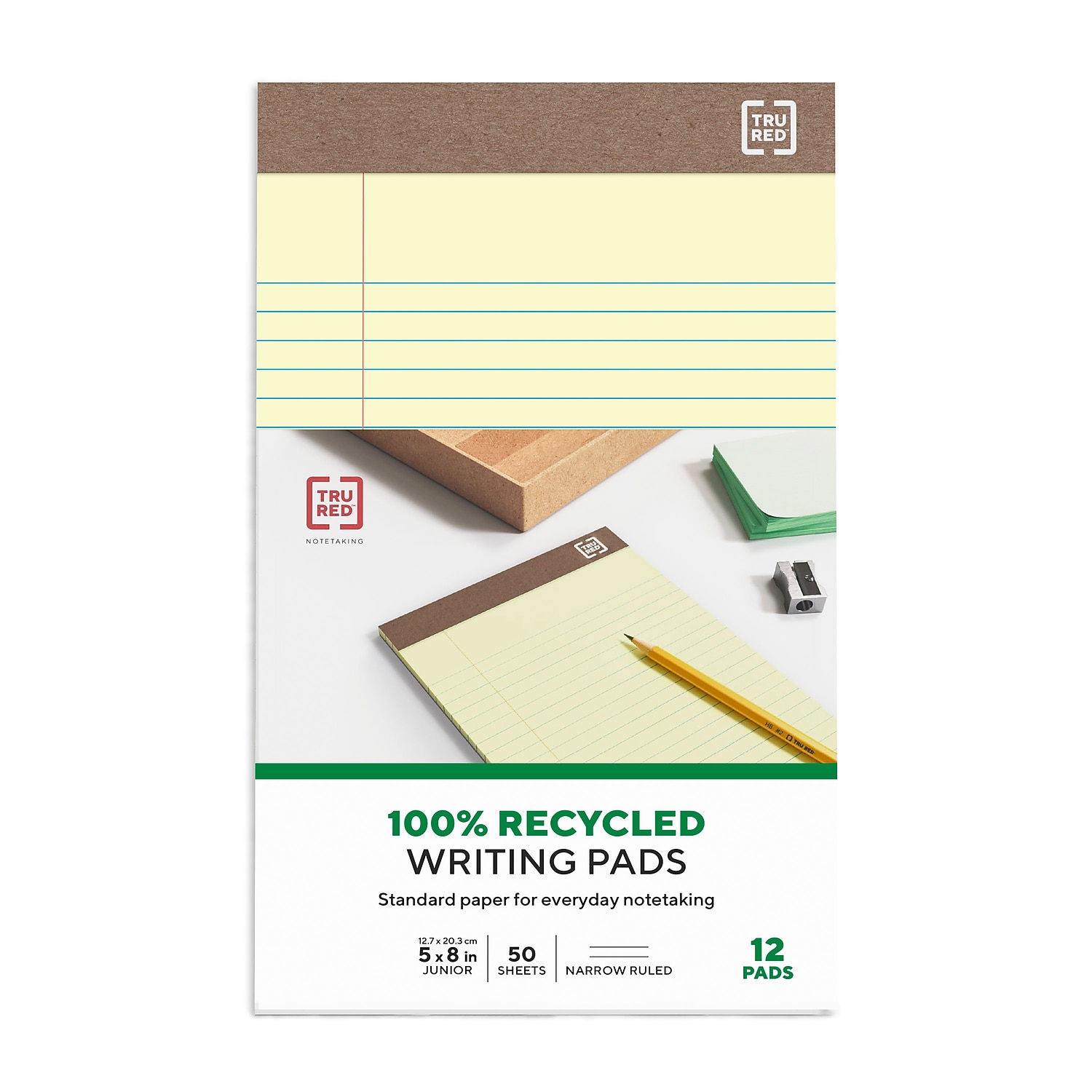 Staples 100% Recycled Narrow Ruled Perforated Notepads Canary 5" x 8" 12/PK 815590
