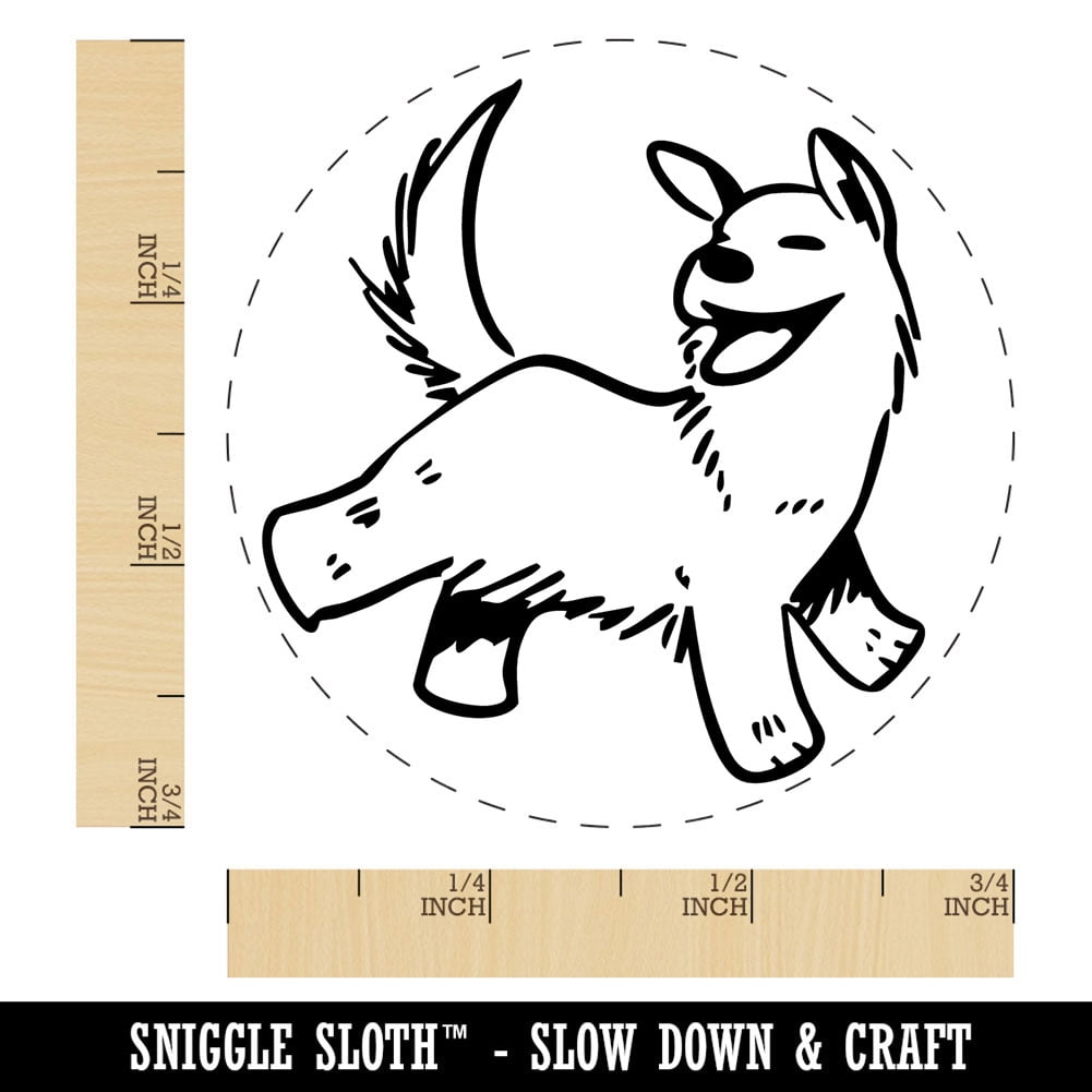 Happy Shaggy Dog Running Smile Self-Inking Rubber Stamp Ink Stamper - Blue Ink - Small 3/4 Inch