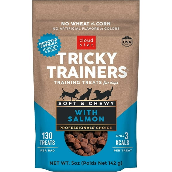 Cloud Star Tricky Trainers Soft & Chewy Dog Training Treats 5 oz Pouch, Salmon Flavor, Low Calorie Behavior Aid with 130 treats