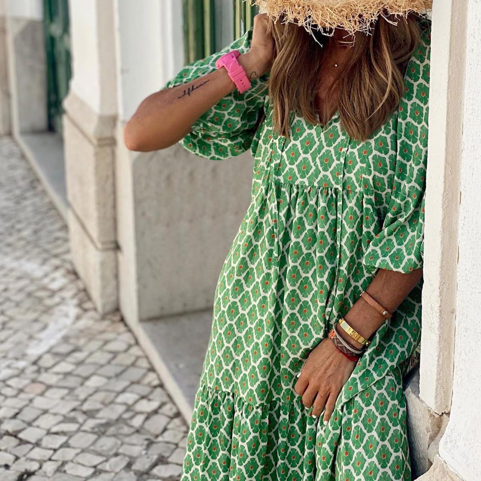 green emerald velvet dress Green Patterned Maxi Dress with Deep V-Neckline, Short Flared Sleeves & Open Back Detail – Tiphaine Dress by Easy Clothes – Size S main image 0
