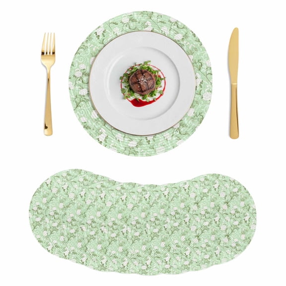 Green Flowers Round 13 Inch Placemats Set of 8, Rustic Botanical Floral Leaves Plants HeatResistant Non Slip Place Mats for Dining Table, Wipeable Braided Kitchen Table Mats for Housewarming