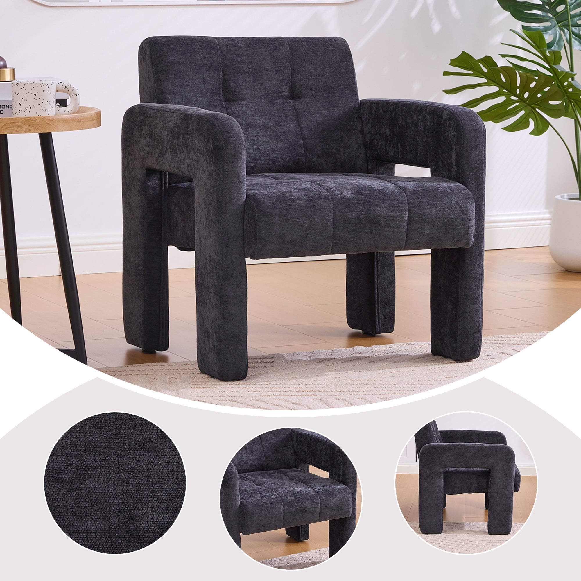 Armchair, Accent Chair, Upholstered Lounge Chair with Plush Chenille Fabric, High-Density Foam Cushion and Modern Minimalist Design, for Living Room Bedroom, Black