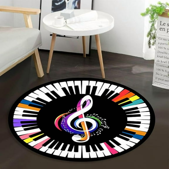 Velvet round floor mat Music Round Area Rug Colored Piano Keys Notes, Non-Slip Floor Mat Carpet for Bedroom Living Room Study Playing Classroom Decor