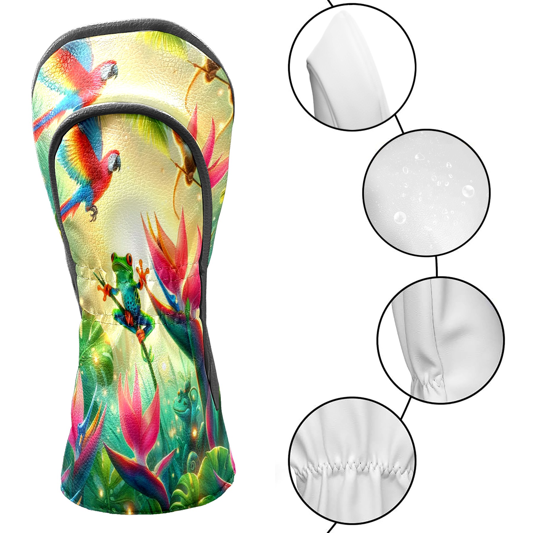 Golf Club Covers, Rainforest Parrot Frog Premium PU Leather Driver Hybrid Putter Head Covers with Velvet Lining, Waterproof Golf Gifts for Men Women