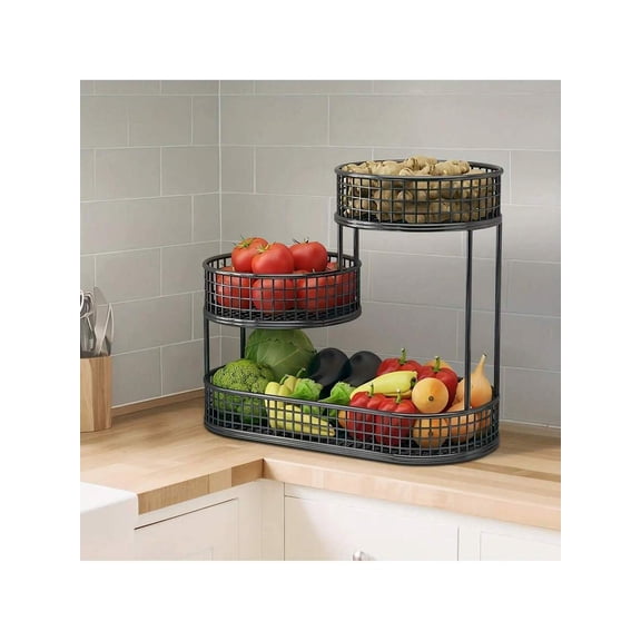 3-Tier Fruit Basket with Lid for Kitchen Countertop, Large Capacity Black Metal Wire Market Basket Stand, Rustproof Vegetable and Snack Storage Organizer for Pantry and Home
